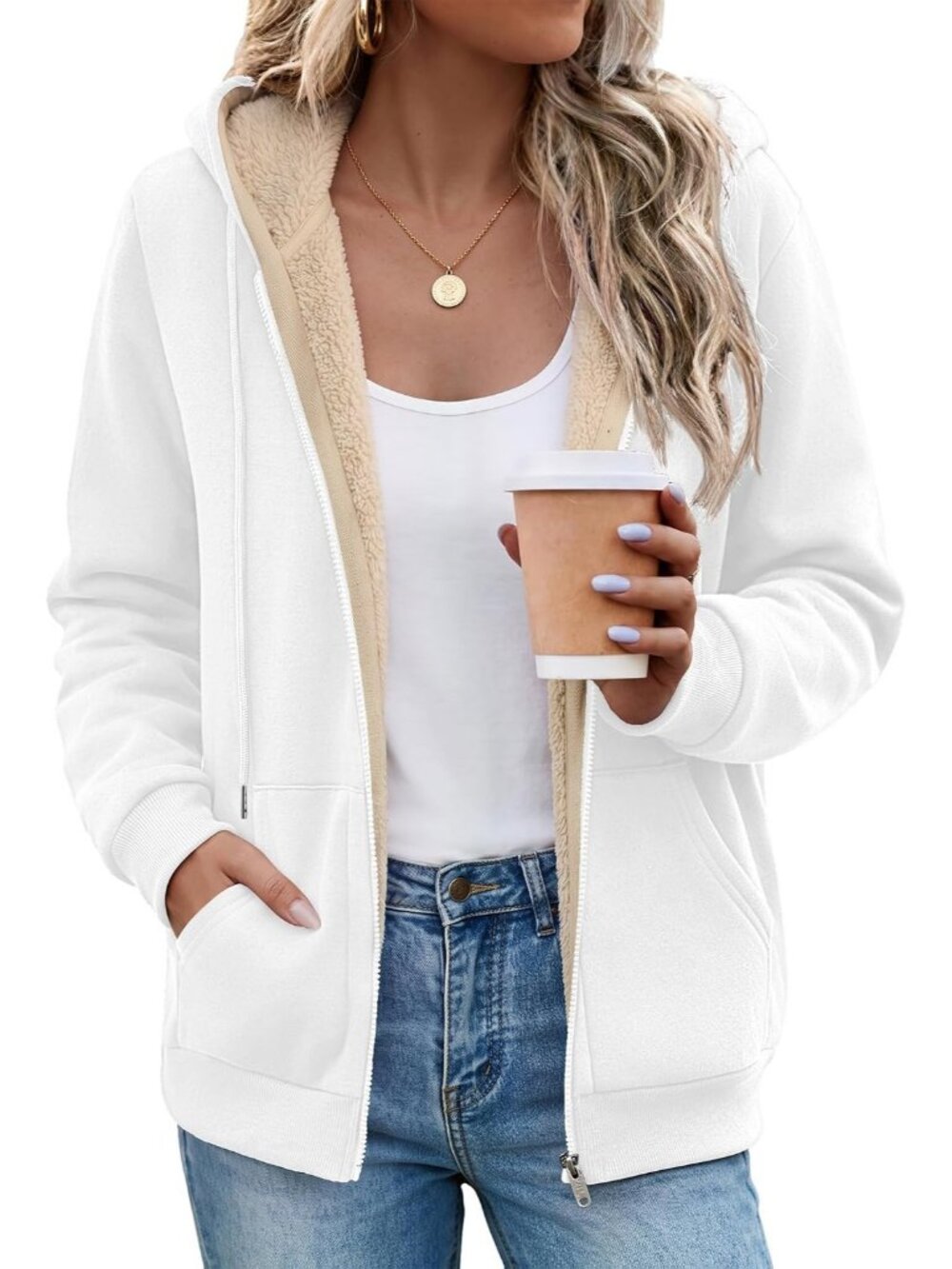 Women's White Fleece Lined Drawstring Hooded Kangaroo Casual Winter Jackets - Picture 2 of 6